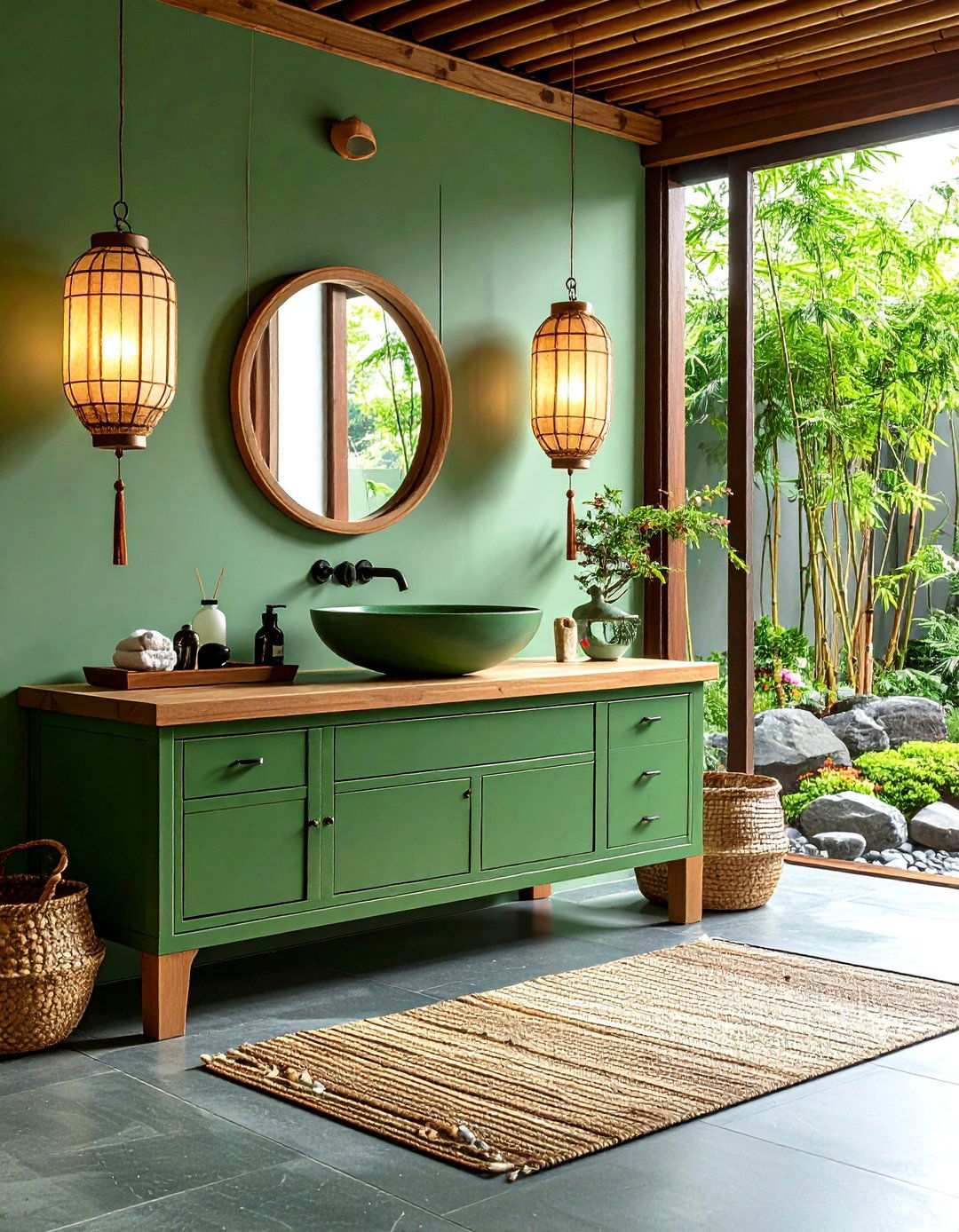 Celadon Green Vanity in Oriental Inspired Retreat - 20 Bathroom With Green Vanity