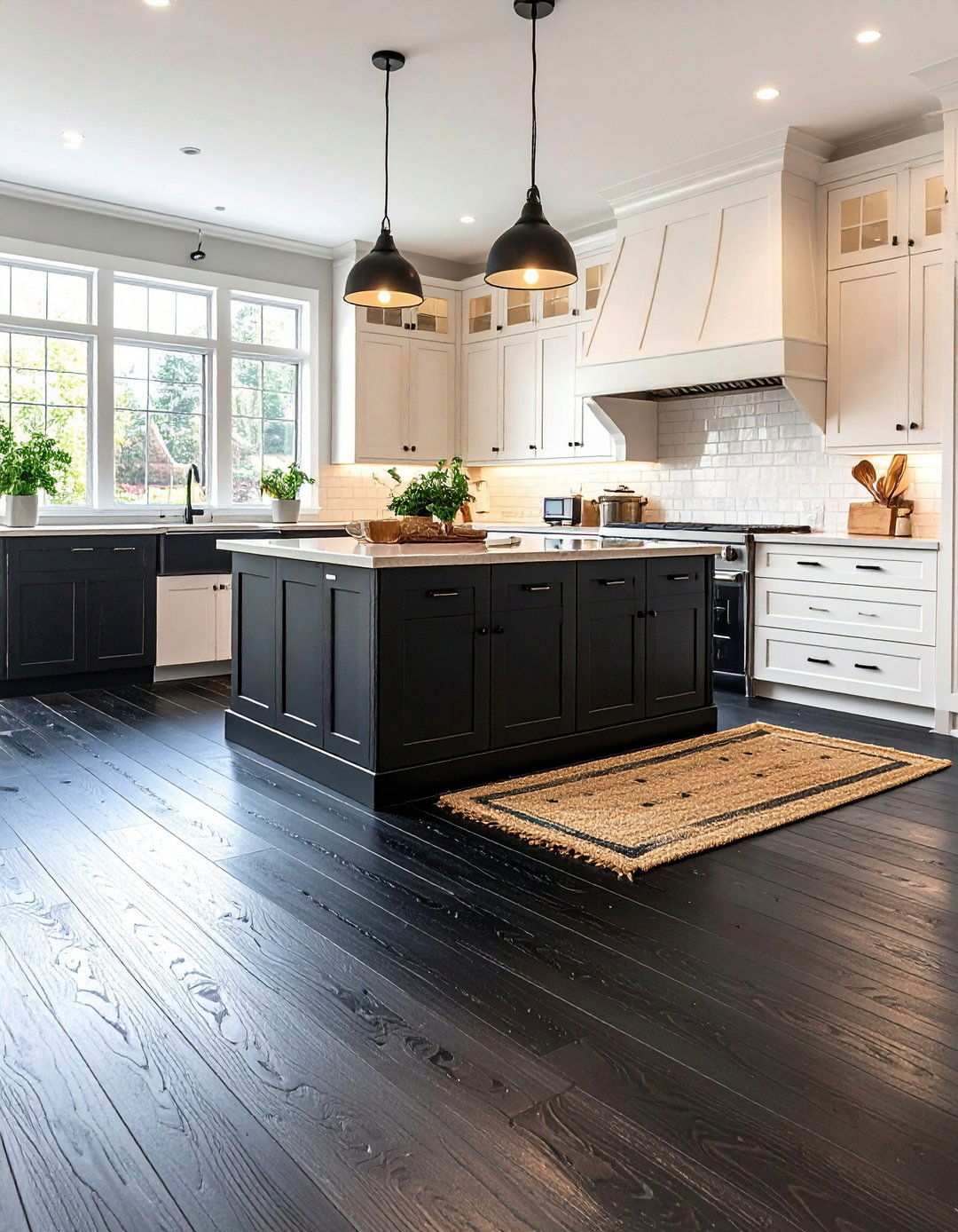 Character Rich Black Kitchen Floor in Stained Hardwood - 20 Black Kitchen Floor Ideas