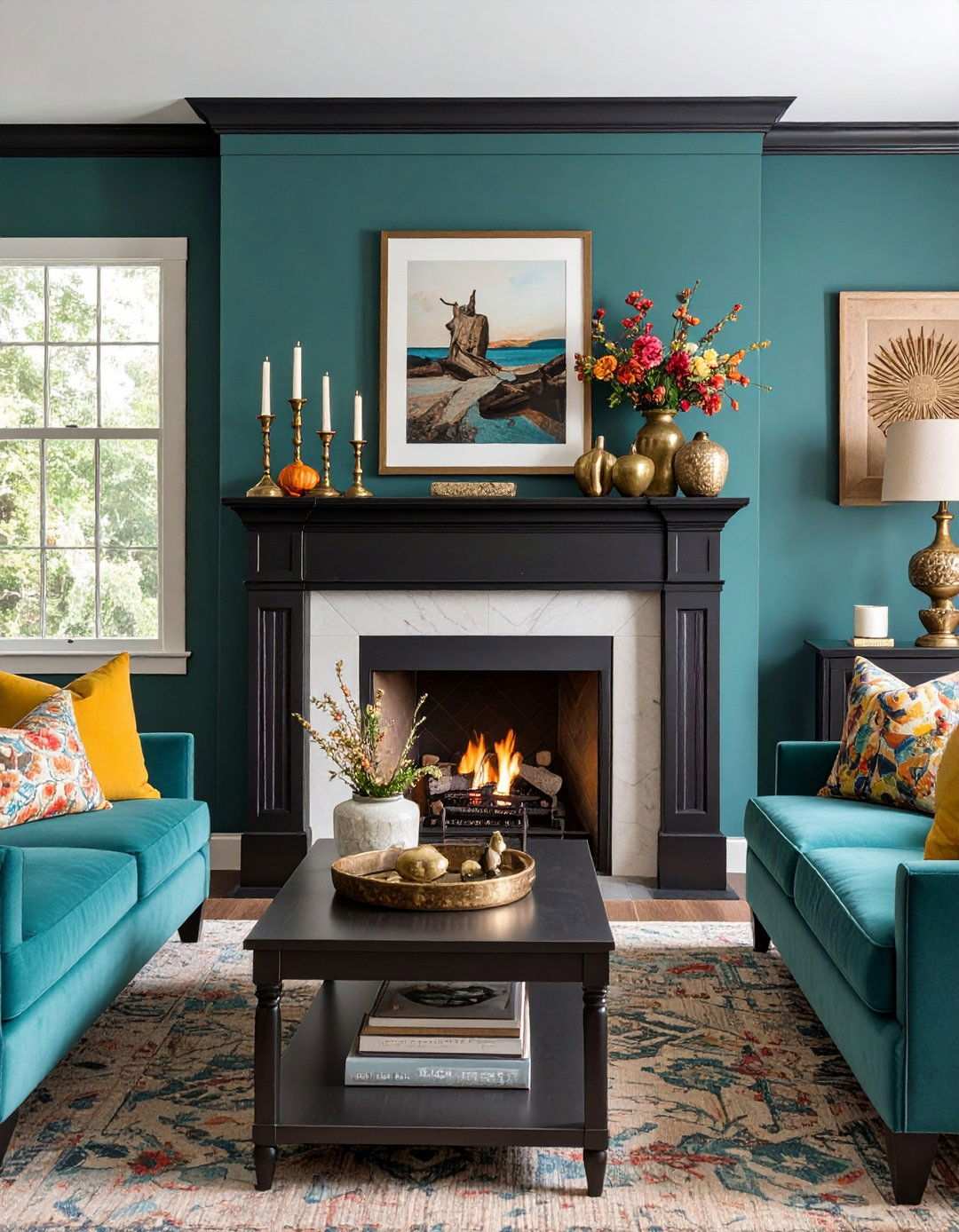 Charcoal Fireplace With Layered Mantel Styling - 20 Black Boho Living Room Ideas