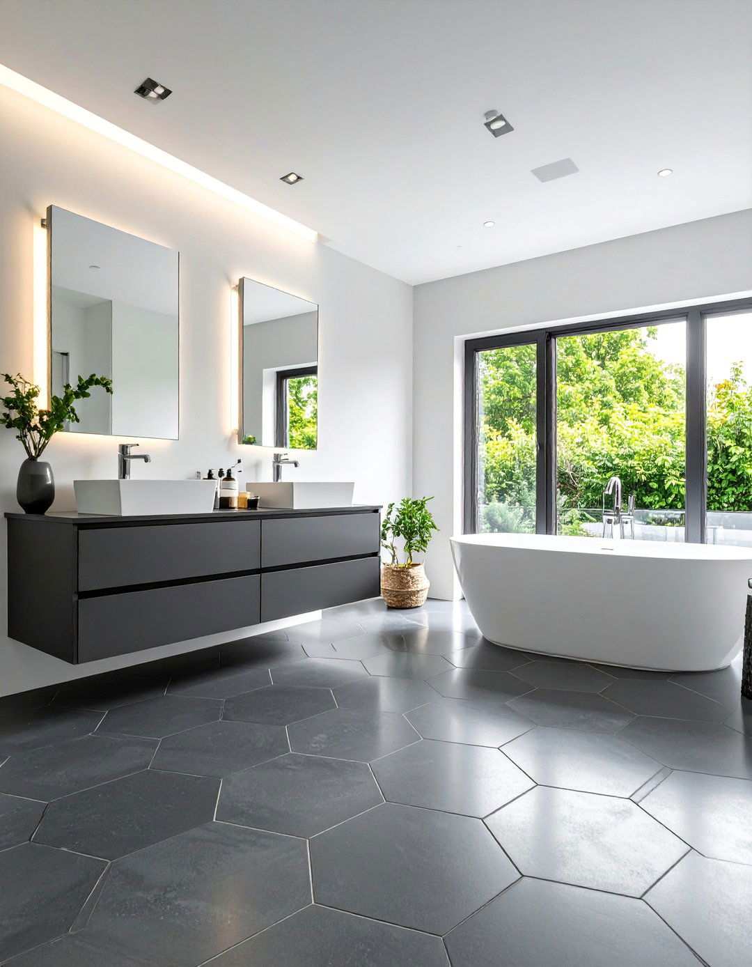 Charcoal Gray Large Bathroom With Hexagon Tile Floor - 20 Bathrooms With Hexagon Tile Floors