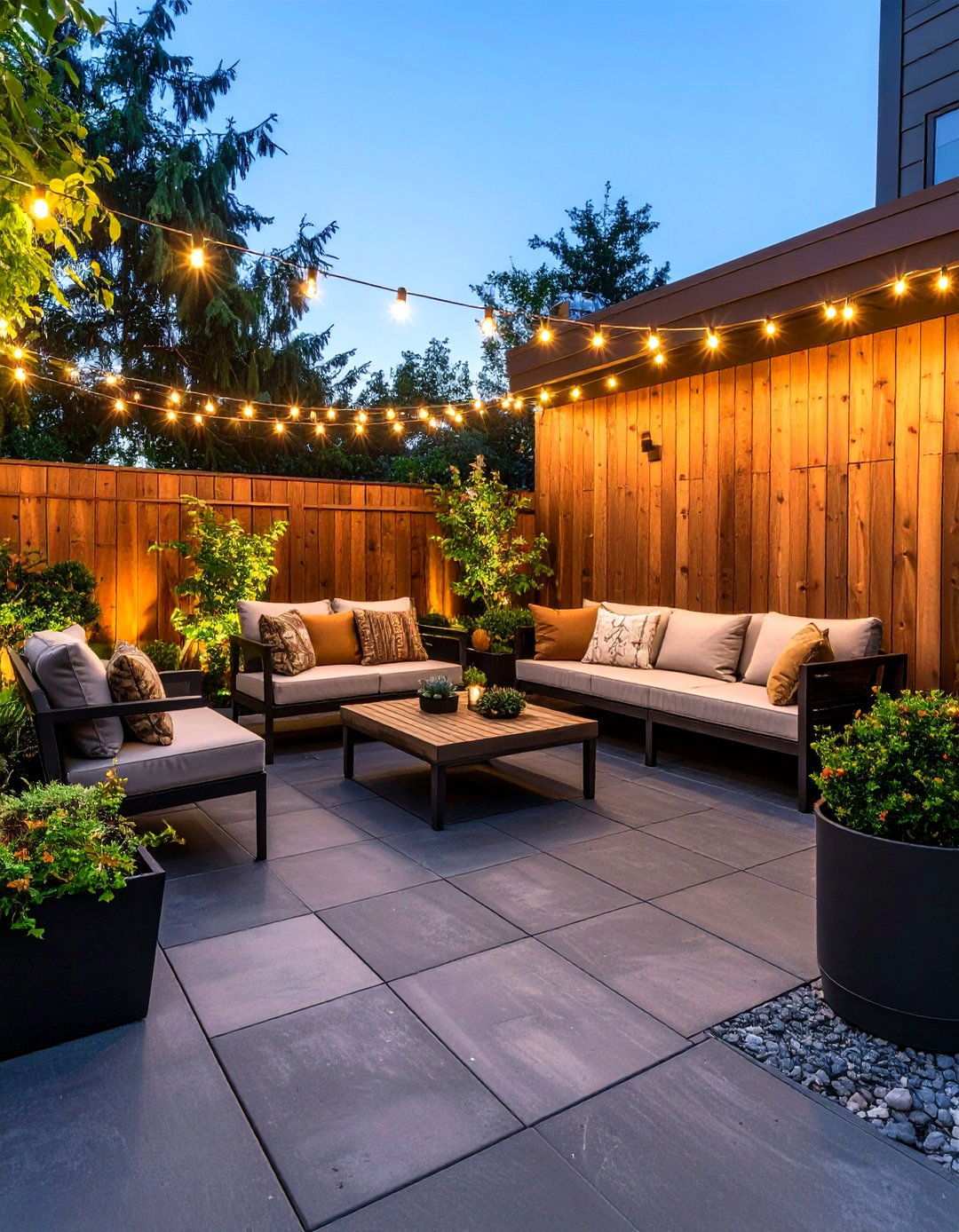 Charcoal Pavers and Wooden Accent Walls Outdoors - 20 Black and Brown Interior Design Ideas
