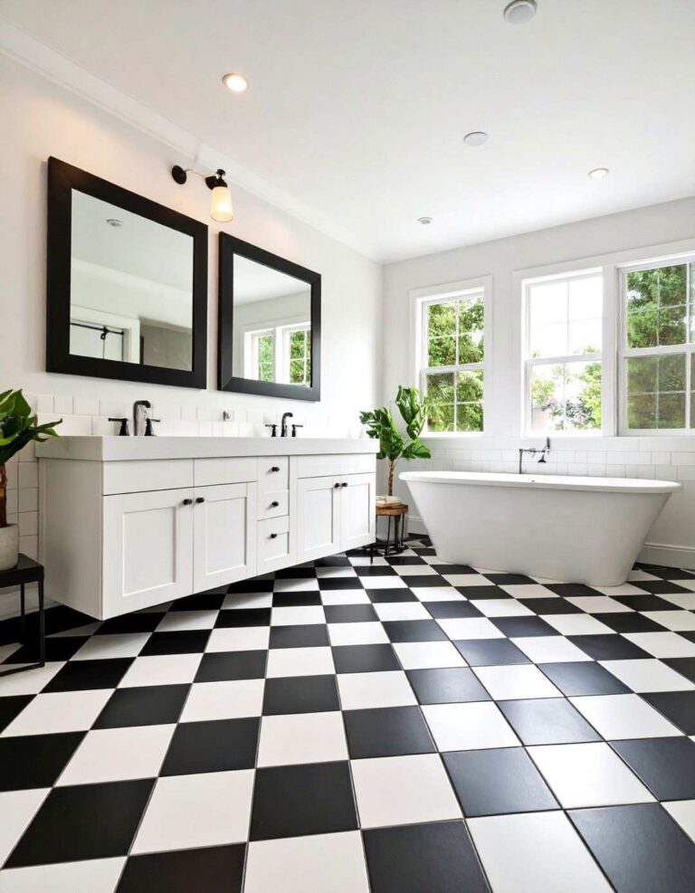 Checkerboard Floor Grounds a Black and White Bathroom - 20 Black and White Bathroom Ideas