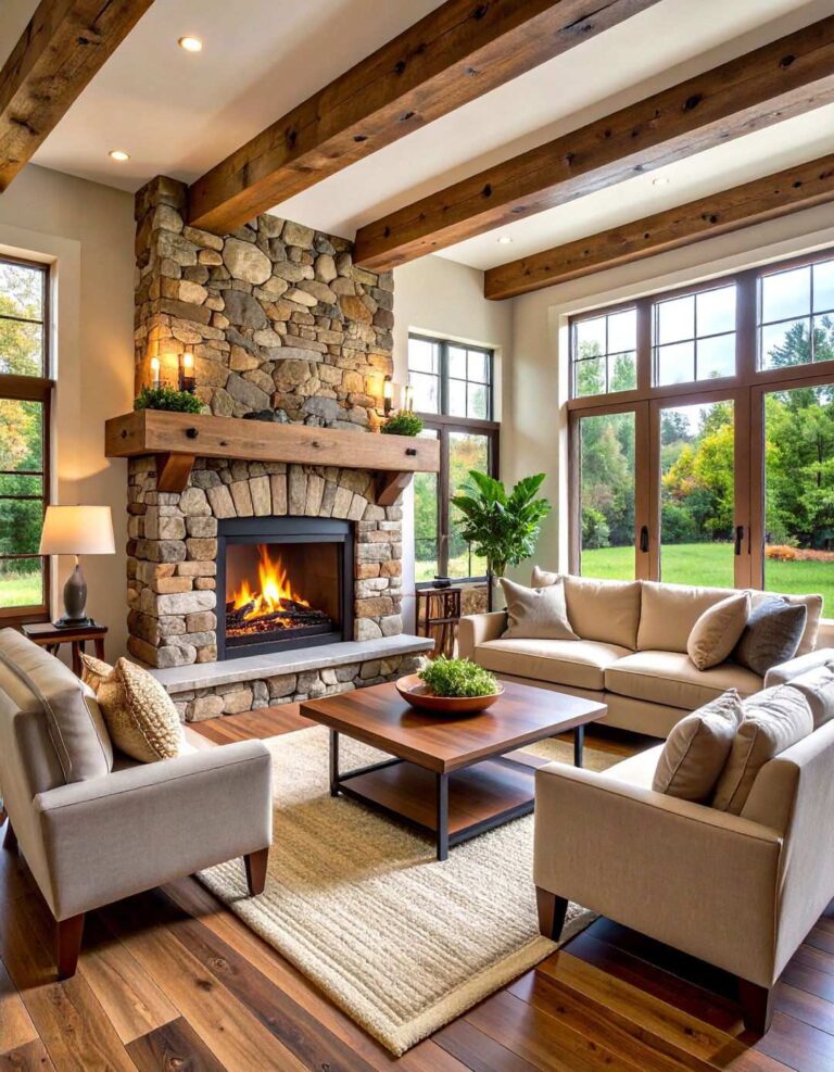 Classic Rustic River Rock Fireplace with Reclaimed Wood Mantel - 20 River Rock Fireplace Ideas