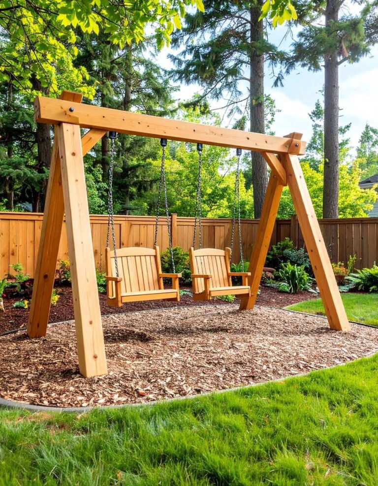 Classic Wooden Swing Set with Multiple Swings - 20 Backyard Playground Ideas