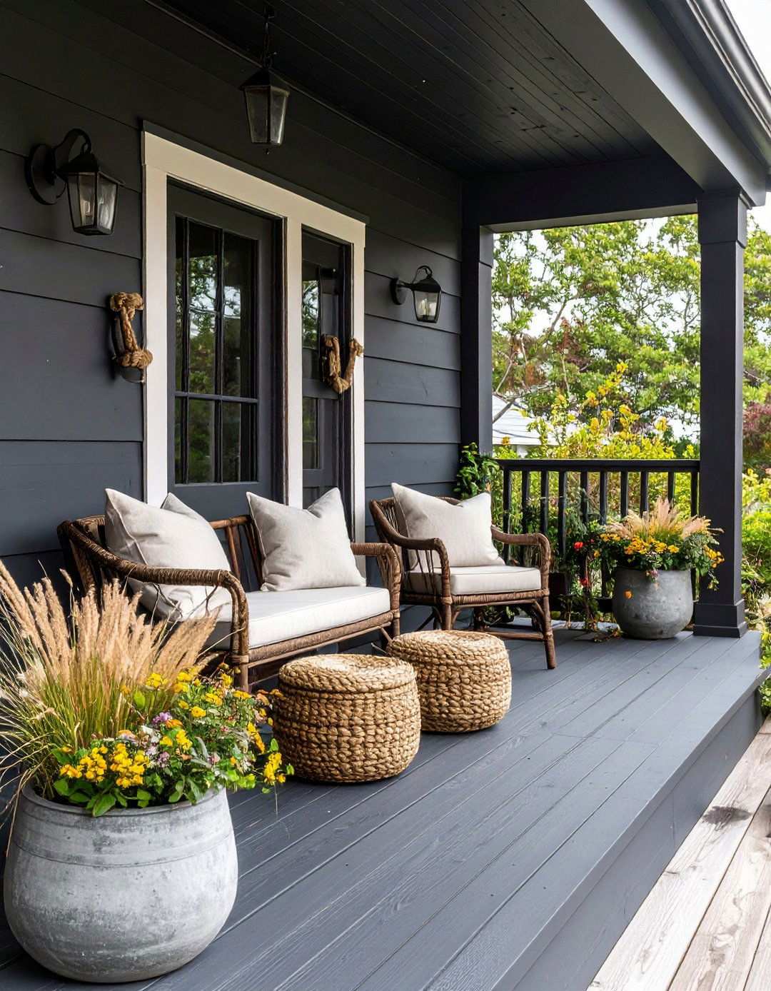 Coastal Vibes on a Matte Black Porch - 20 Black Porch Ideas