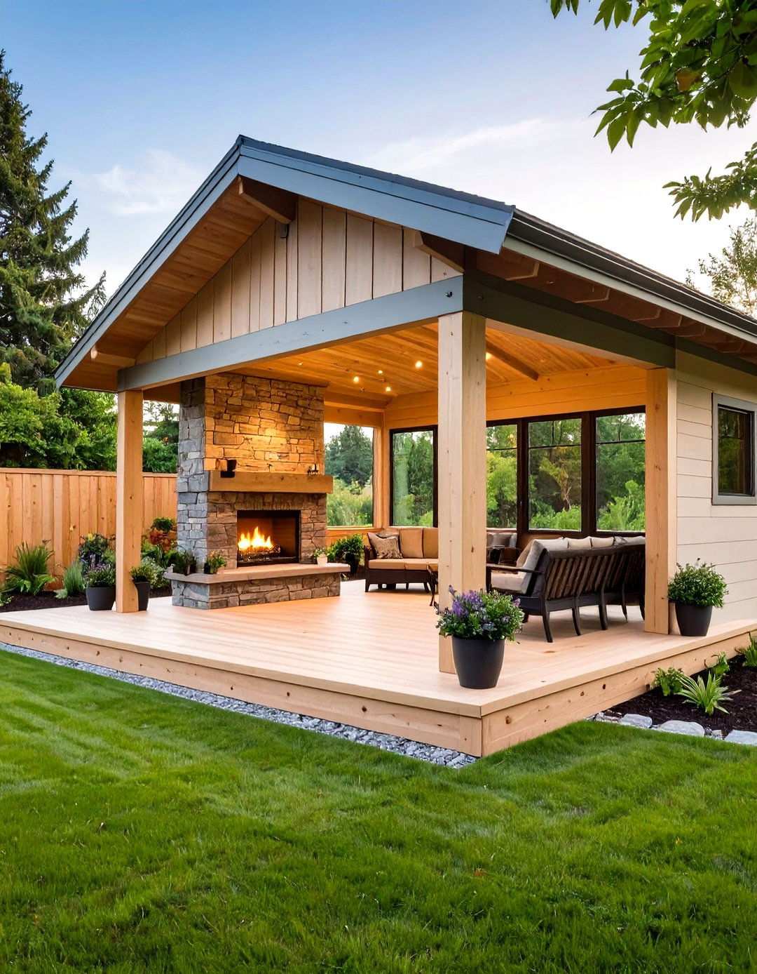 Compact Pavilion with Corner Fireplace - 20 Backyard Pavilion With Fireplace