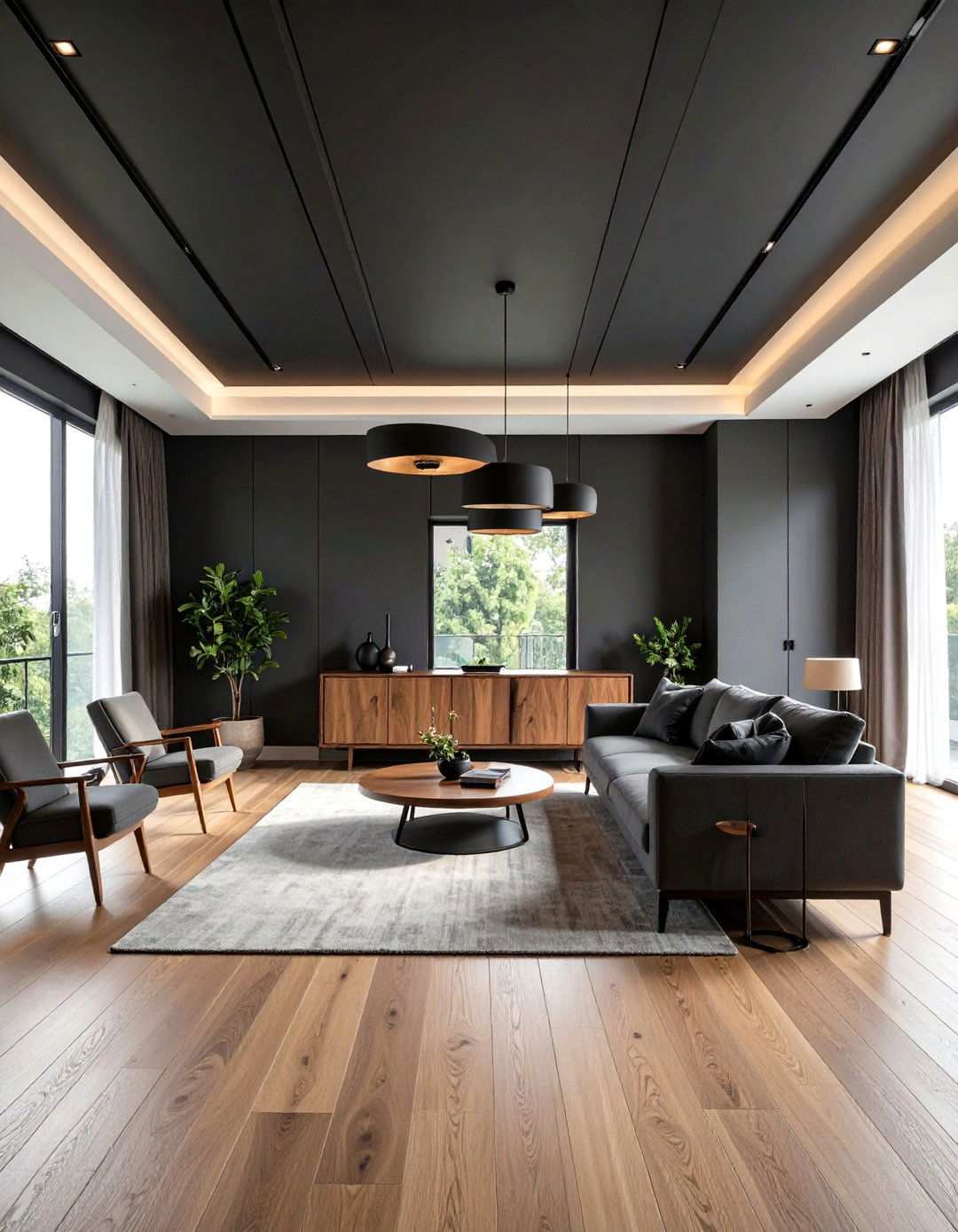 Complementary Wood Tones for Warmth - 20 Black Ceiling With Grey Walls