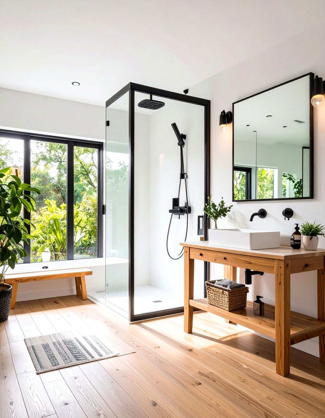 Contemporary Minimalism Black Frame Shower and Birch Bench - 20 Black and Wood Bathroom Ideas