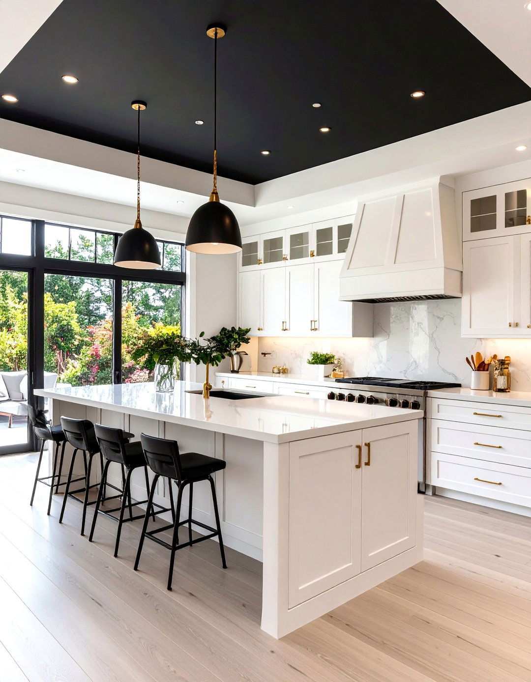 Contrasting Black Kitchen Ceiling Frames Bright Cabinets - 20 Black Ceiling Design Ideas