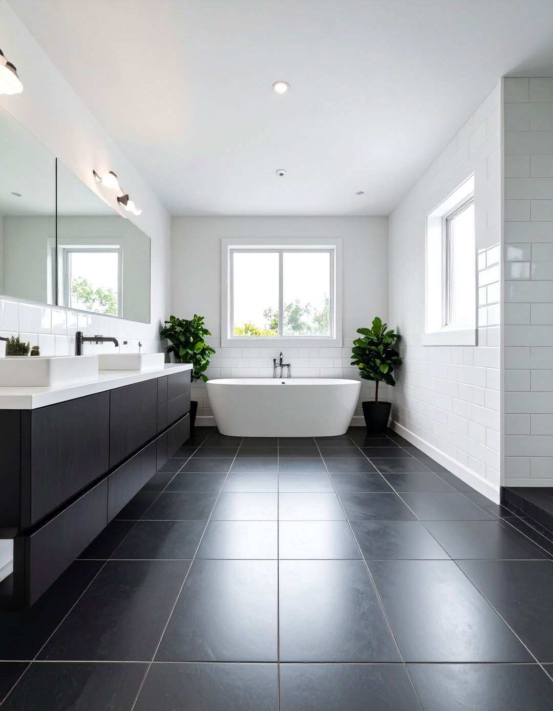 Contrasting Grout Highlights Pattern in a Black Floor Bathroom - 20 Black Floor Bathroom With White Walls Ideas