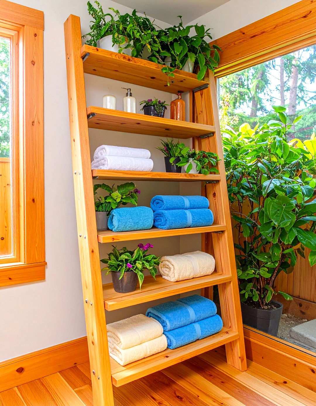 Corner Ladder Shelf Broadens Compact Bathroom Storage - 20 Bathroom Storage Ideas