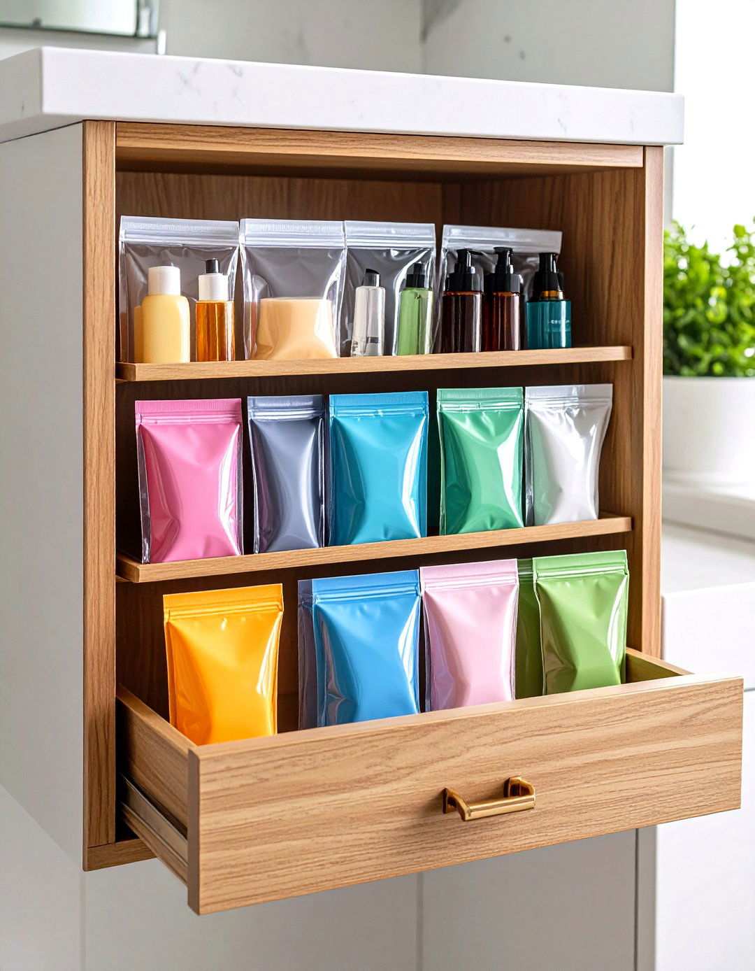 Corral Travel Size Toiletries in Zipper Pouches - 20 Bathroom Drawer Organization Ideas