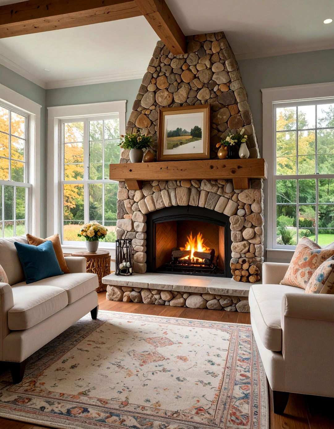 Cottage Style River Rock Fireplace with Arched Opening - 20 River Rock Fireplace Ideas