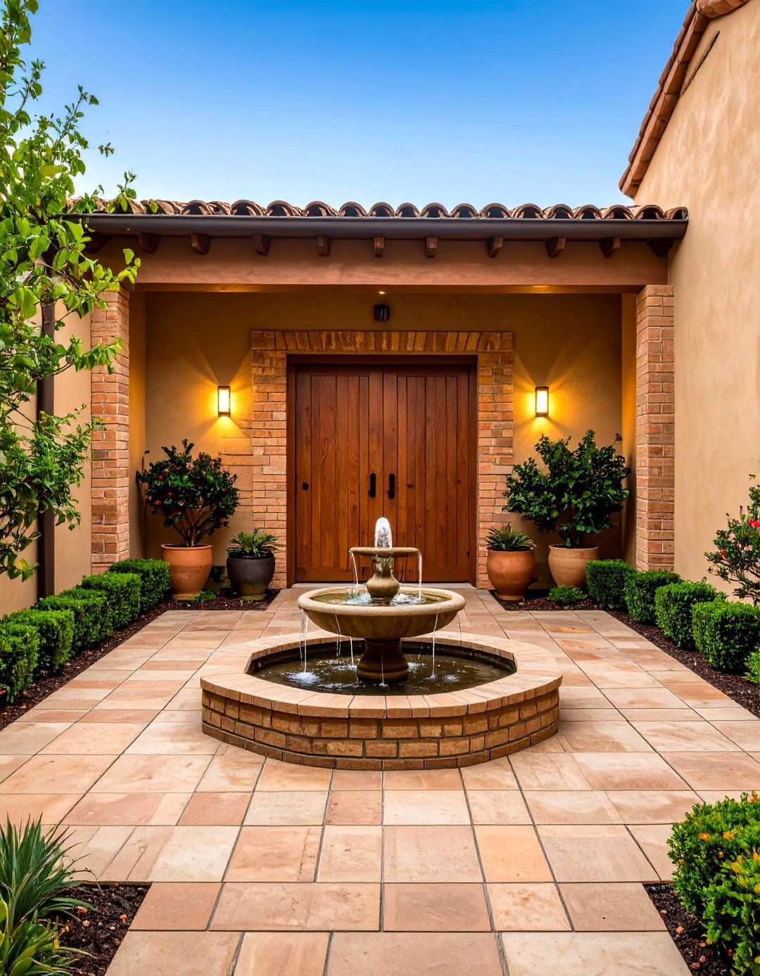 Courtyard Entry Surrounded by Beige Brick Walls - 20 Beige Brick Exterior Home Ideas