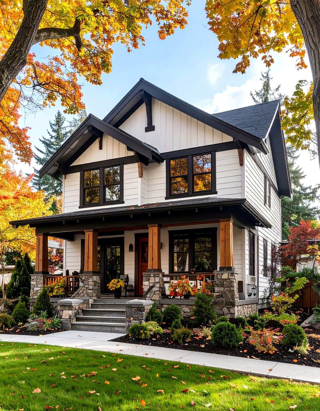 Craftsman Black and White House Exterior with Natural Accents - 20 Black and White House Exterior Ideas
