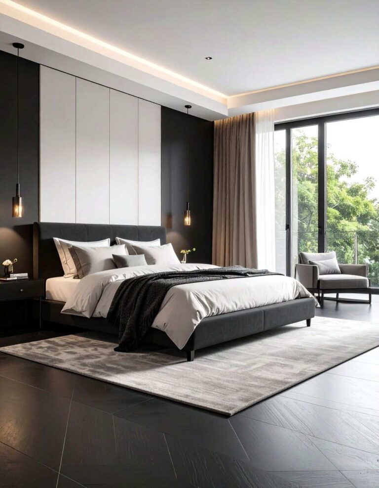 Crisp White Shell for a Black Floor Bedroom - 20 Black Floor Bedroom Ideas