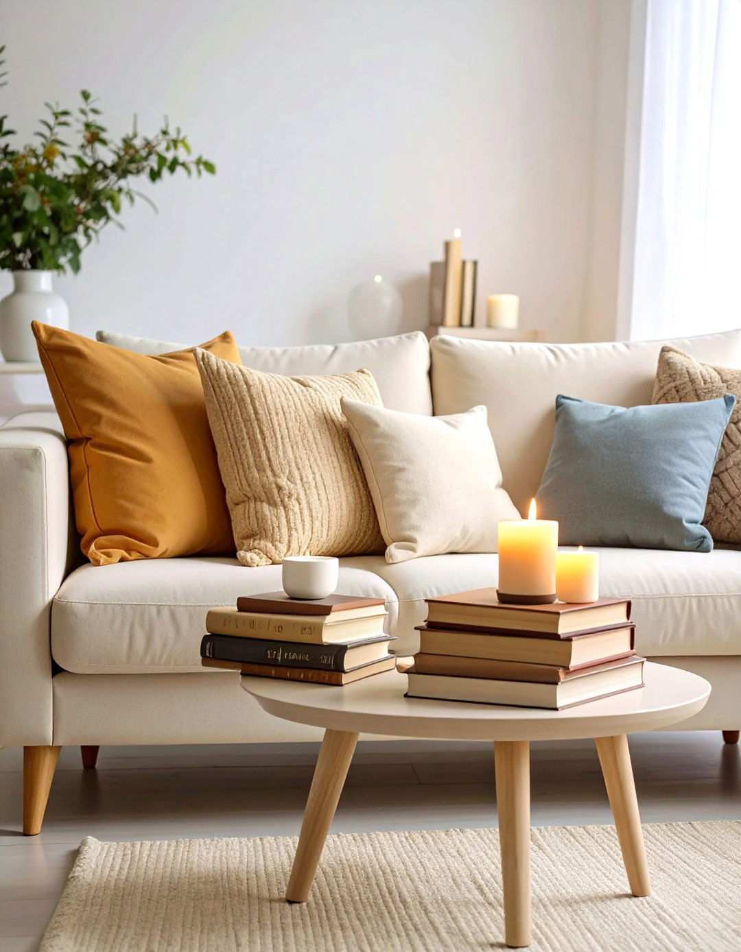 Curate Books and Objects Beside a Beige Couch - 20 Beige Couch Living Room Ideas