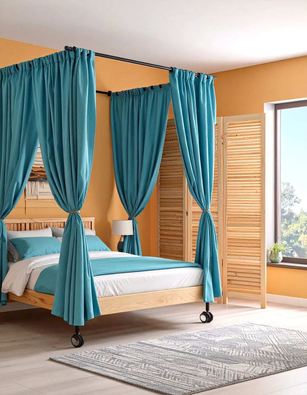 Curtain or Slatted Divider Creates Flexible Zones in a Bachelor Room - 20 Bachelor Room Ideas