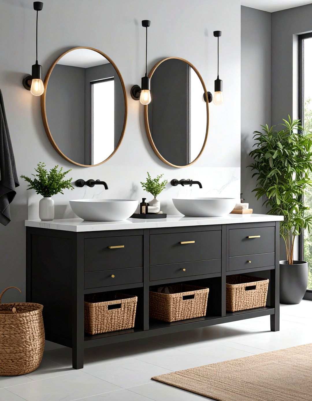Deep Black Vanity Anchors a White Envelope - 20 Black and White Bathroom Ideas