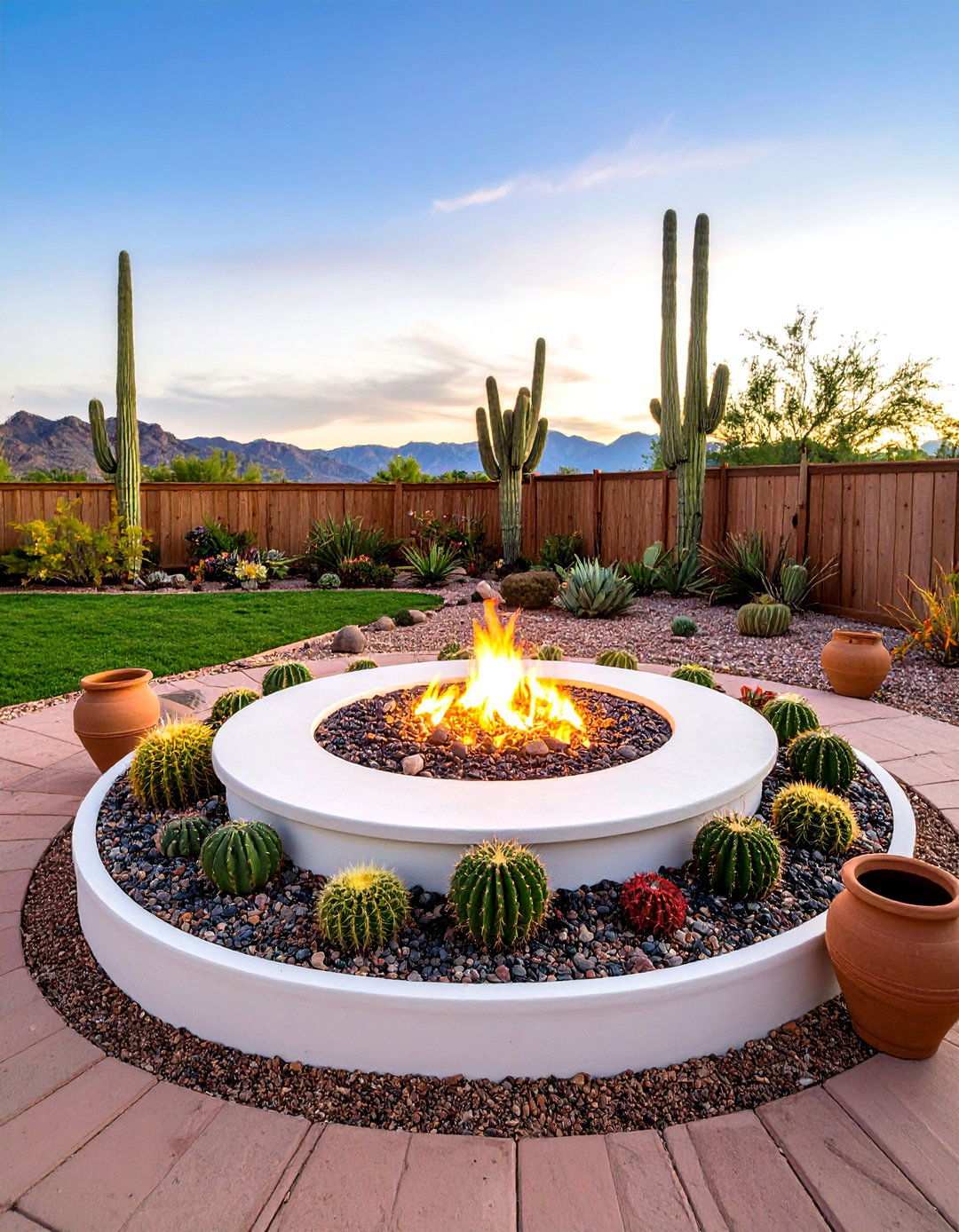 Desert Inspired Fire Pit with Drought Tolerant Plants - 20 Backyard Fire Pit Ideas Landscaping
