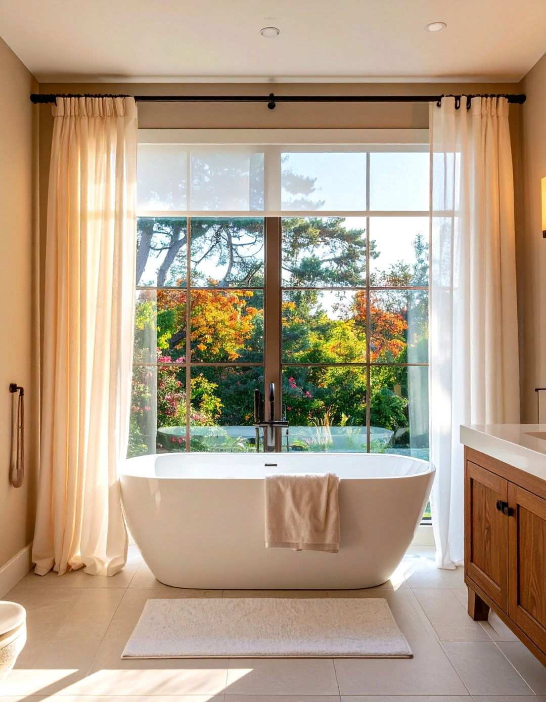 Double Duty Frosted Film plus Sheer Curtain - 20 Bathroom Window Treatment Ideas