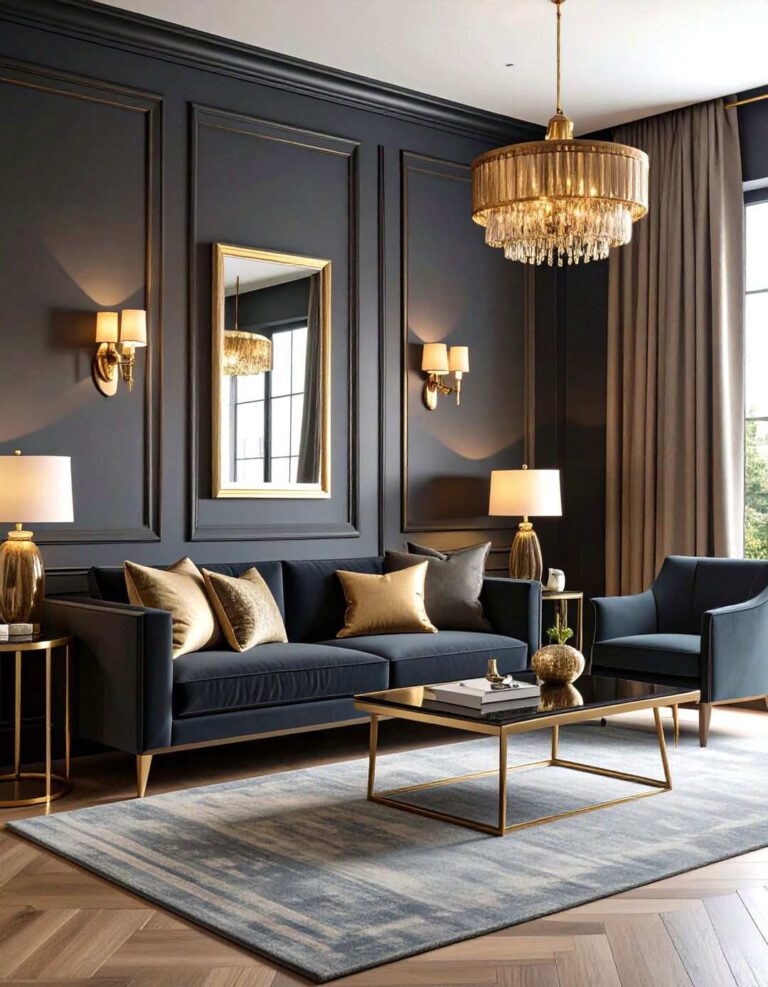 Dramatic Black Feature Wall Living Room - 20 Black and Gold Living Room Ideas