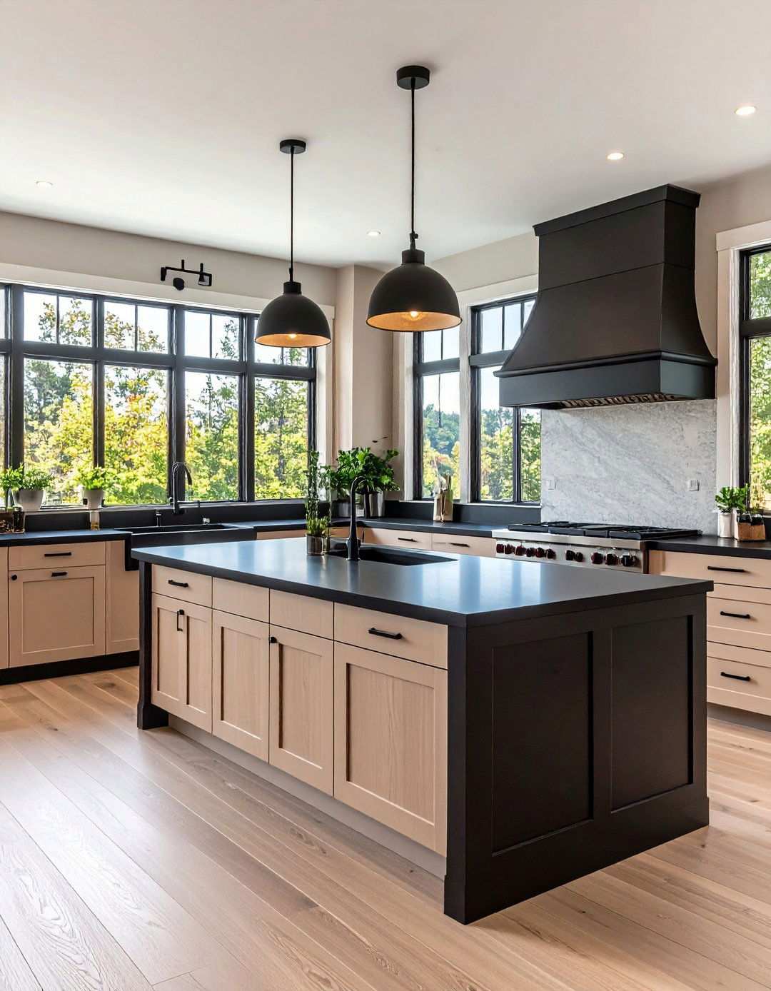 Duo Tone Layout Highlights a Central Black Island - 20 Black Kitchen Countertops