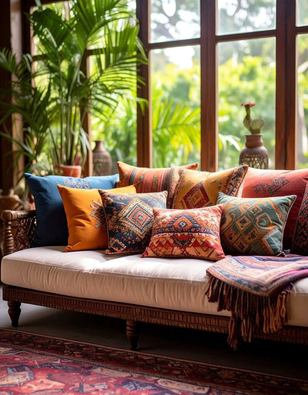 Earth Toned Throw Pillows in Global Prints - 20 Black Boho Living Room Ideas