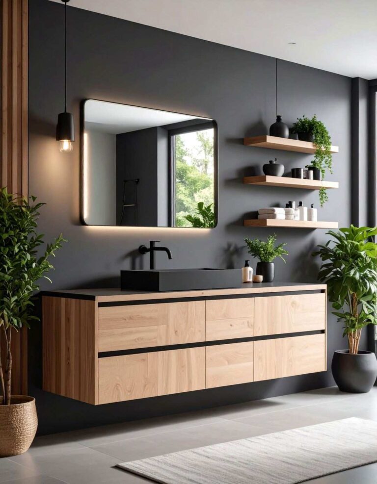 Ebony Accent Wall Meets Warm Wood - 20 Black Bathroom Ideas