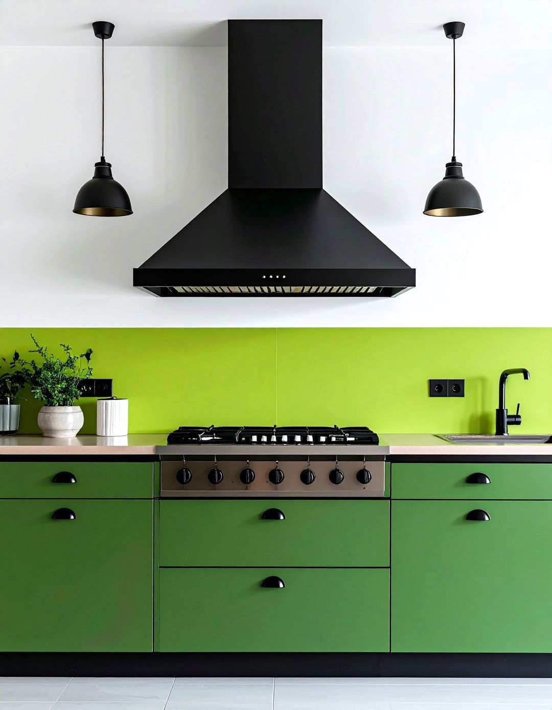 Ebony Range Hood Kitchen with Chartreuse Accent Wall - 20 Black and Green Kitchen Ideas