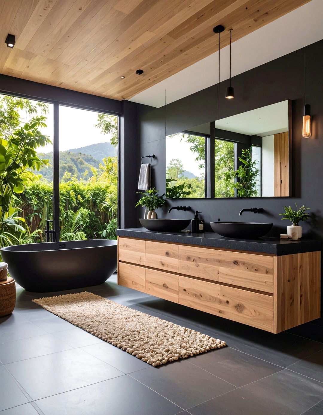 Eco Friendly Mix Recycled Black PaperStone and FSC Timber - 20 Black and Wood Bathroom Ideas