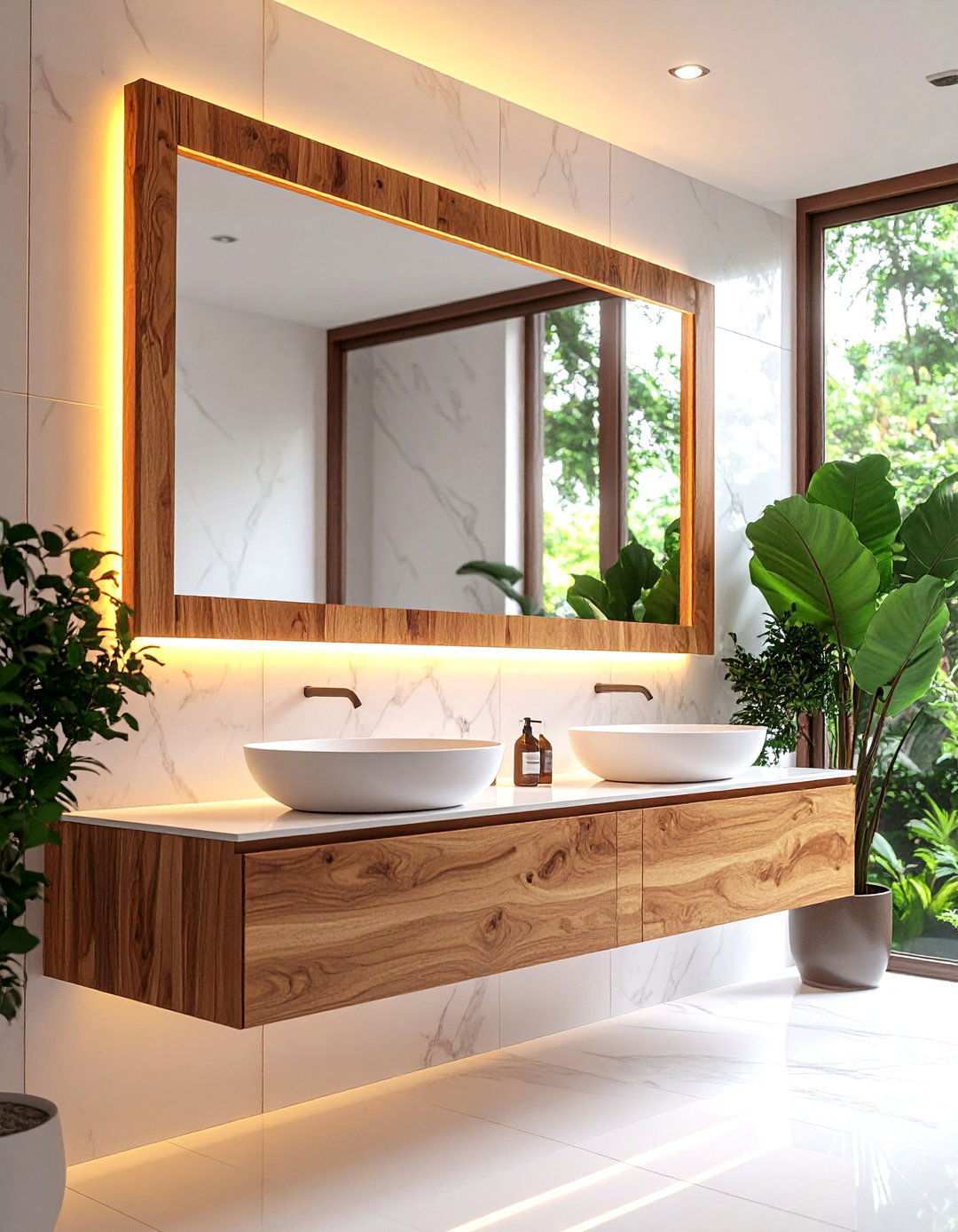 Eco Friendly Wood Framed Mirrors with Subtle LEDs - 20 Bathroom Lighting Ideas Over Mirror