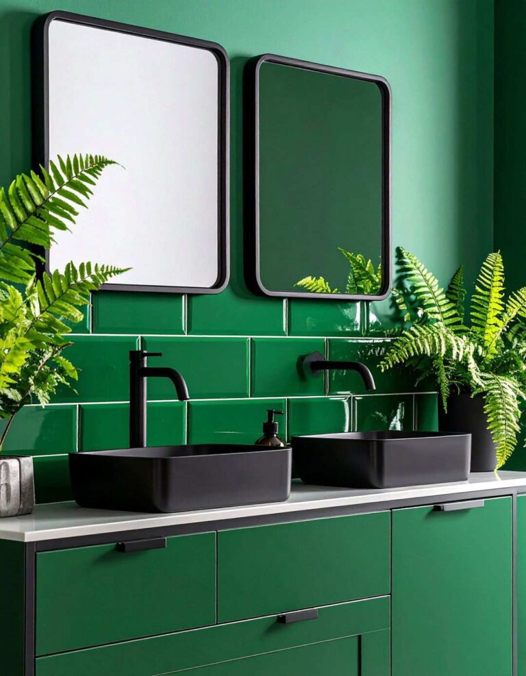 Emerald Subway Tiles and Matte Black Fixtures - 20 Black and Green Bathroom Ideas