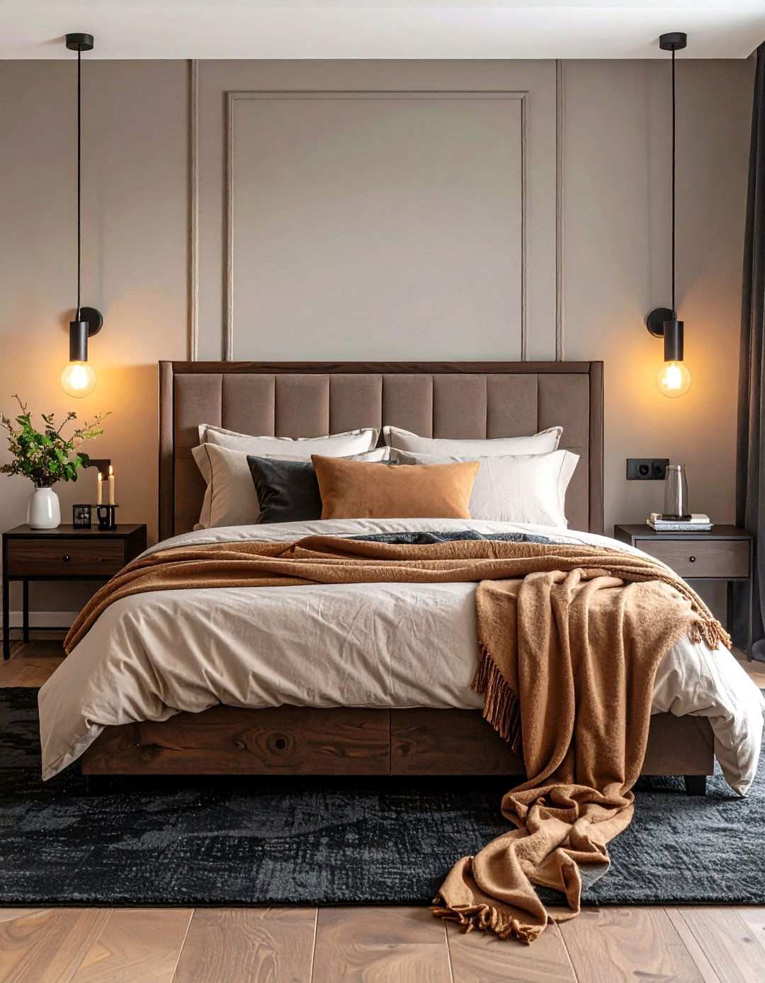 Espresso Headboard and Taupe Linen in the Bedroom - 20 Black and Brown Interior Design Ideas