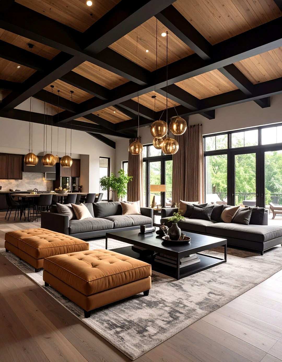 Exposed Black Beams Over Caramel Upholstery - 20 Black and Brown Interior Design Ideas