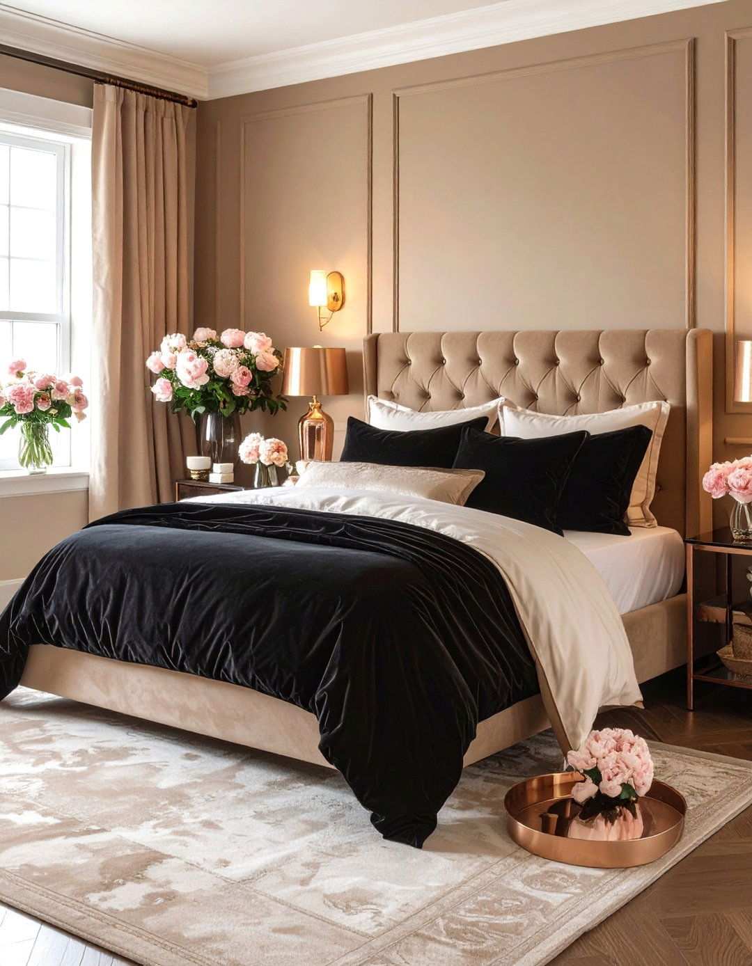 Feminine Cocoon Taupe Brown Walls with Black Velvet Accents - 20 Black and Brown Bedroom Ideas