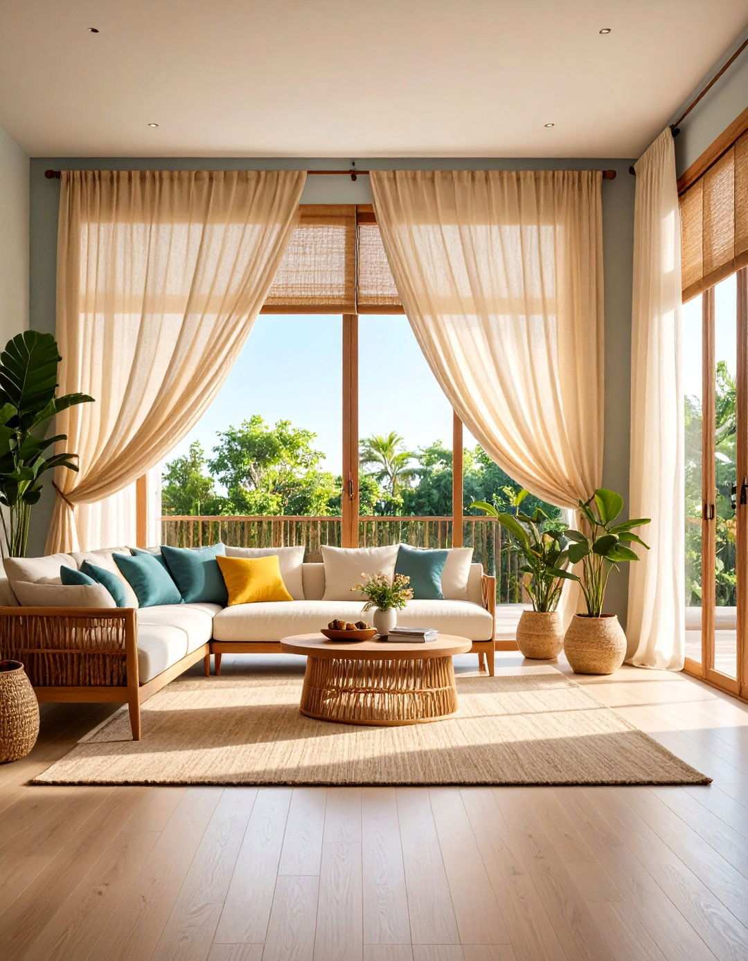 Filter Sunlight with Sheer Curtains That Billow Like Sails - 20 Beach House Living Room Ideas