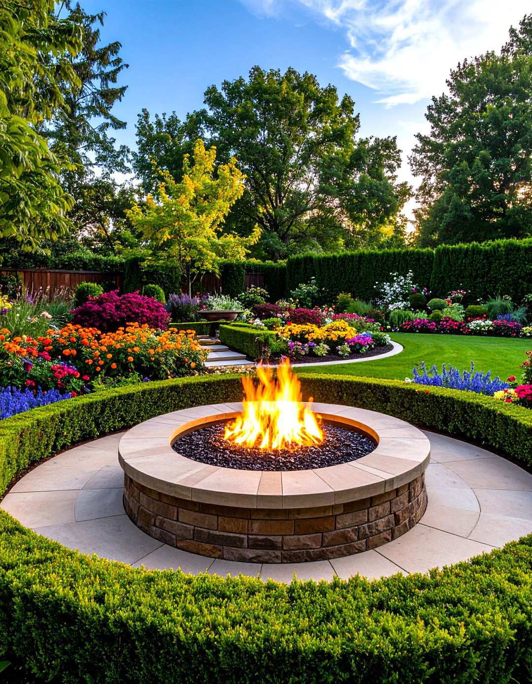 Fire Pit Surrounded by Formal Garden Beds - 20 Backyard Fire Pit Ideas Landscaping