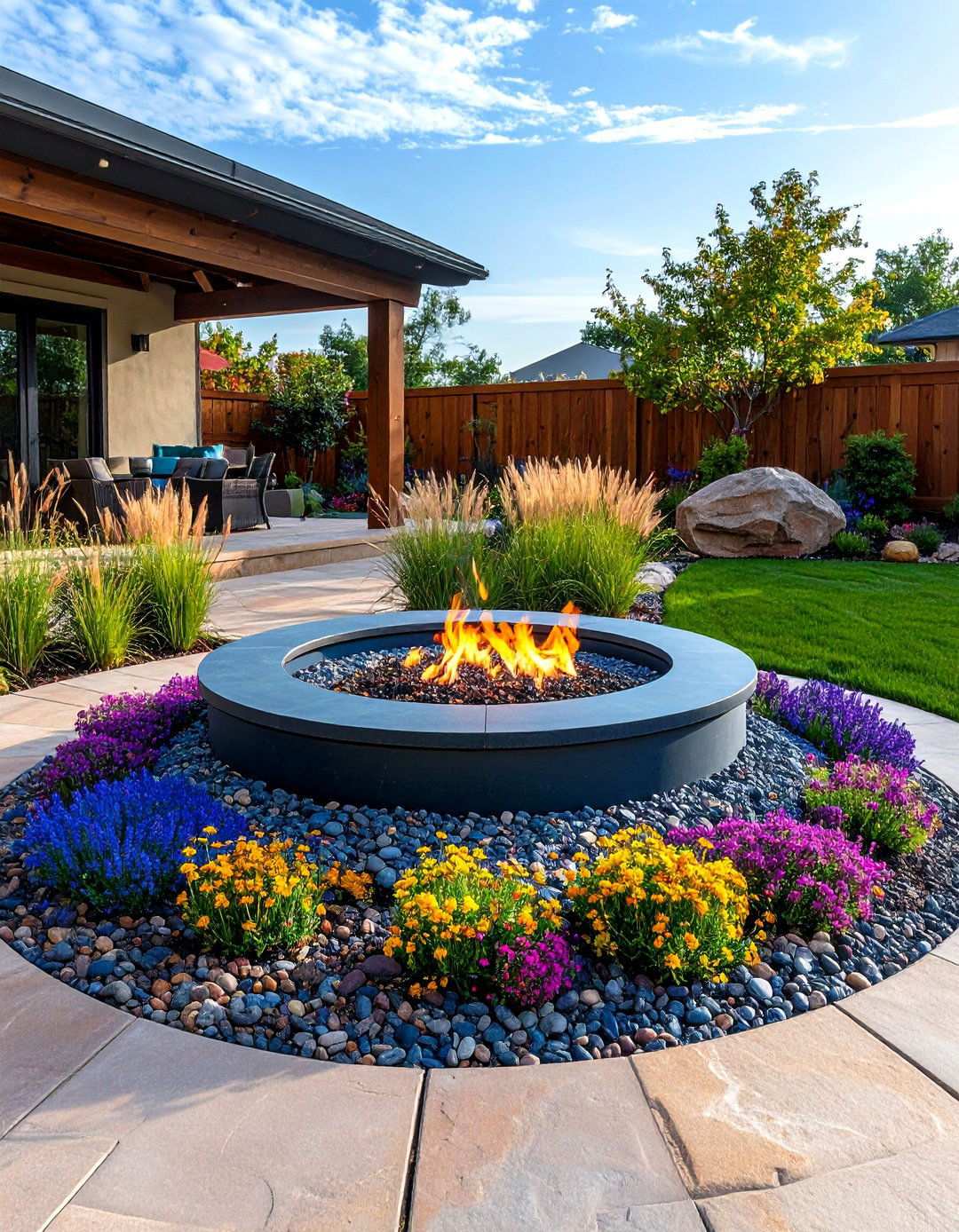 Fire Pit with Gravel Garden and Sculptural Elements - 20 Backyard Fire Pit Ideas Landscaping