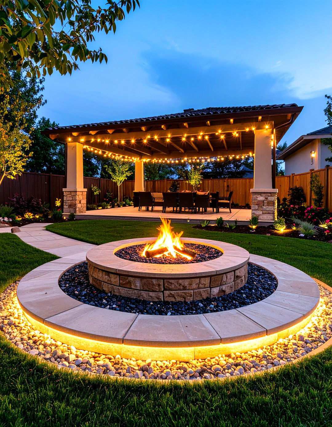 Fire Pit with Pathway and Lighting Design - 20 Backyard Fire Pit Ideas Landscaping