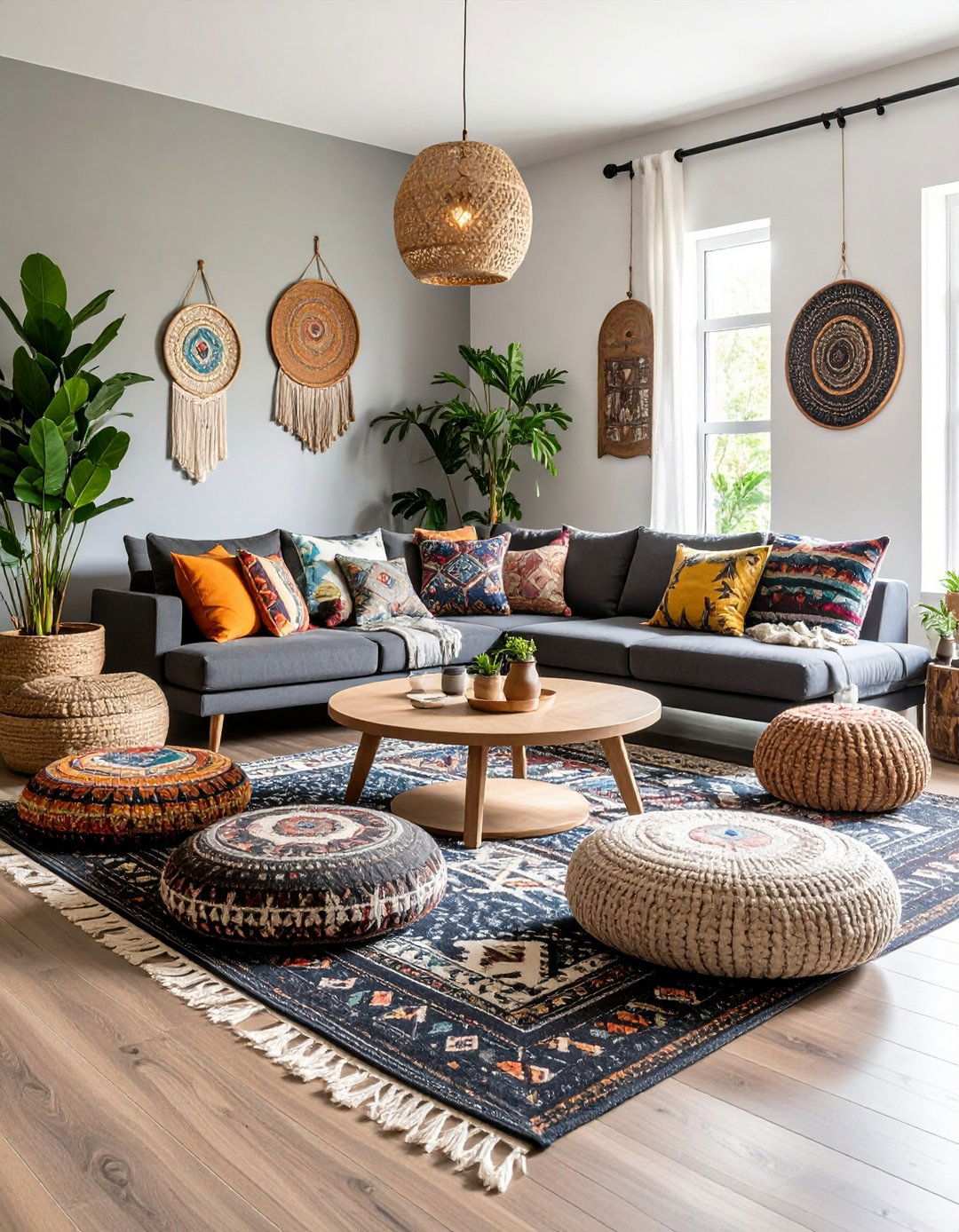 Float Low Seating and Floor Cushions in a Black and White Boho Living Room - 20 Black and White Boho Living Room Ideas