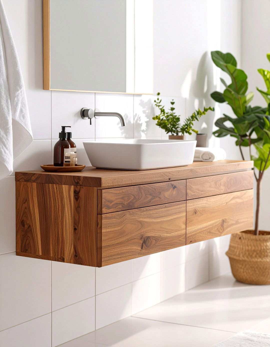 Floating Bathroom Countertop in Walnut Wood - 20 Bathroom Countertop Ideas