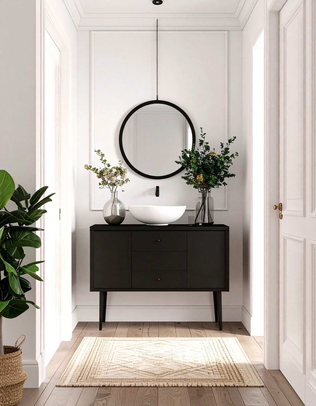 Floating Black Console Against White Plaster - 20 Black and White Hallway Ideas