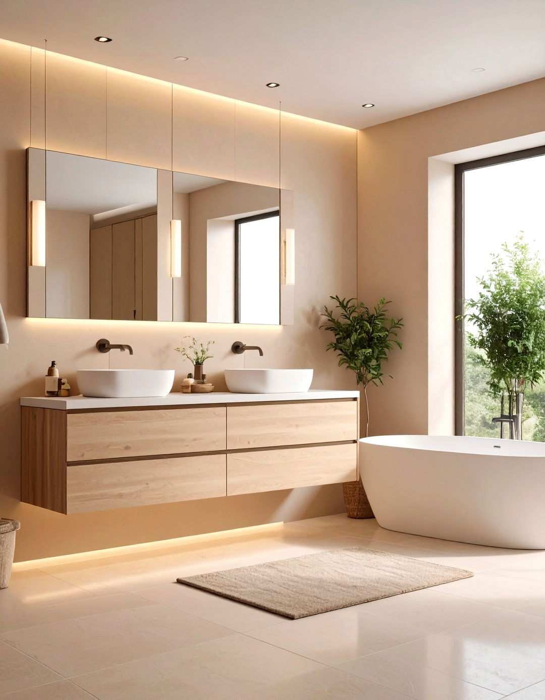 Floating Oak Vanity for Beige Bathroom - 20 Beige Bathroom Ideas