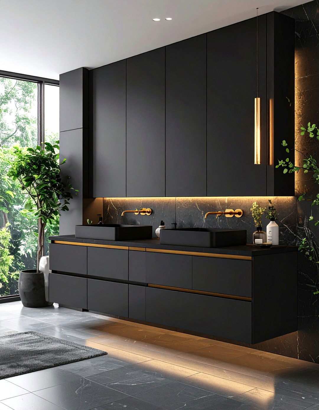 Floating Vanity with LED Glow - 20 Black and Gold Bathroom Ideas