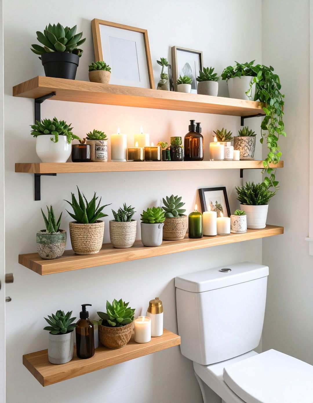 Functional Art with Floating Shelves and Display Options - 20 Bathroom Art Ideas