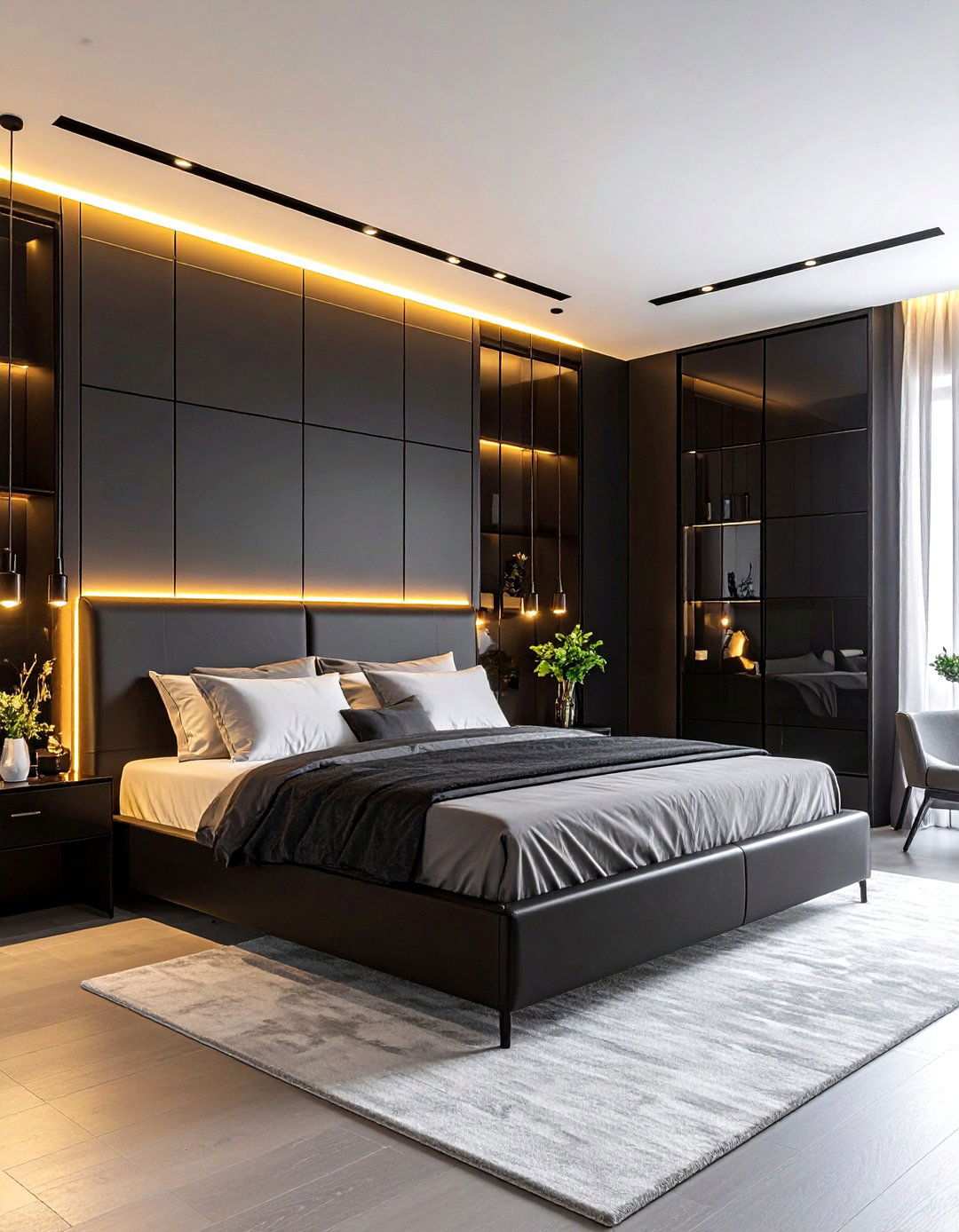 Futuristic LED Glow and Chrome Silver Panels in a Black Bedroom - 20 Black and Silver Bedroom Ideas