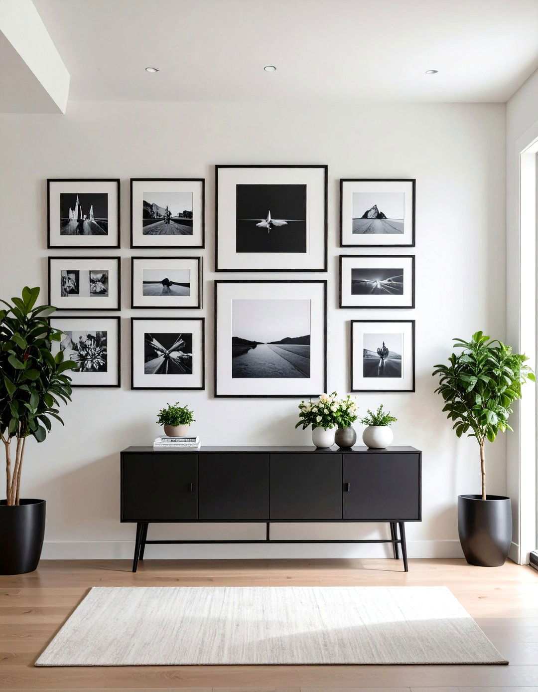 Gallery Wall in Monochrome Frames - 20 Black and White Entryway Design Ideas