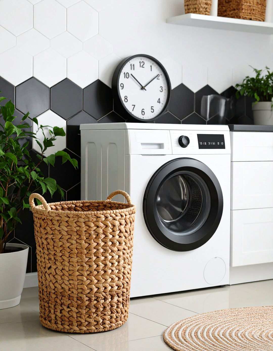 Geometric Backsplash as Artwork - 20 Black and White Laundry Room Ideas