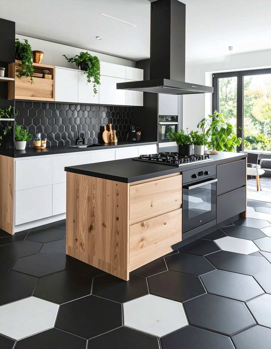 Geometric Hexagonal Black Kitchen Floor Tiles - 20 Black Kitchen Floor Ideas